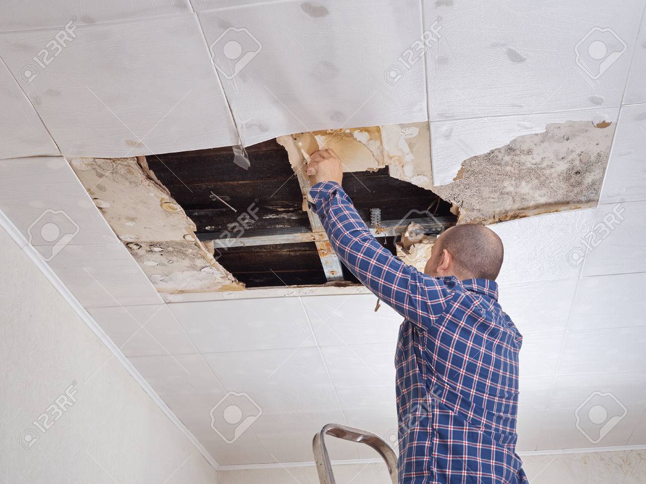 Man Repairing Collapsed Ceiling Ceiling Panels Damaged Huge