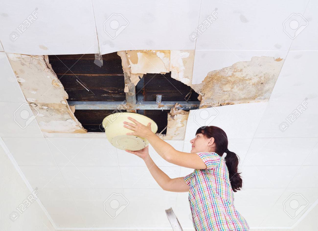 Junge Frau Sammeln Von Wasser In Becken Von Der Decke Die Deckenplatten Beschadigt Riesiges Loch In Dach Von Regenwasser Leakage Water Decke Beschadigt Lizenzfreie Fotos Bilder Und Stock Fotografie Image 64106862