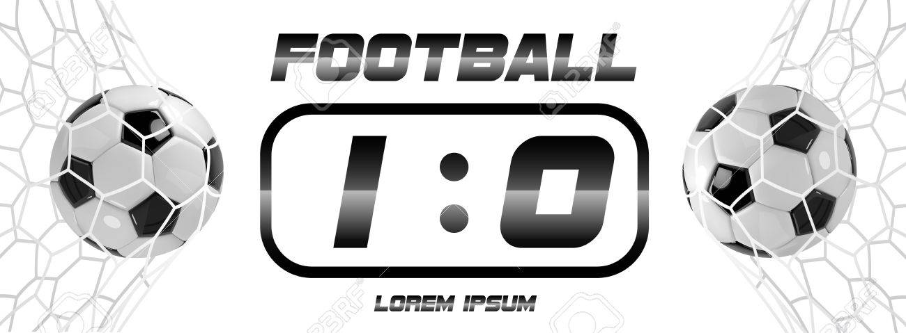 白の背景に3d ボールとスコアボードとサッカーやサッカーのホワイトバナー ネットでボールとサッカーゲームの試合の目標の瞬間 のイラスト素材 ベクタ Image