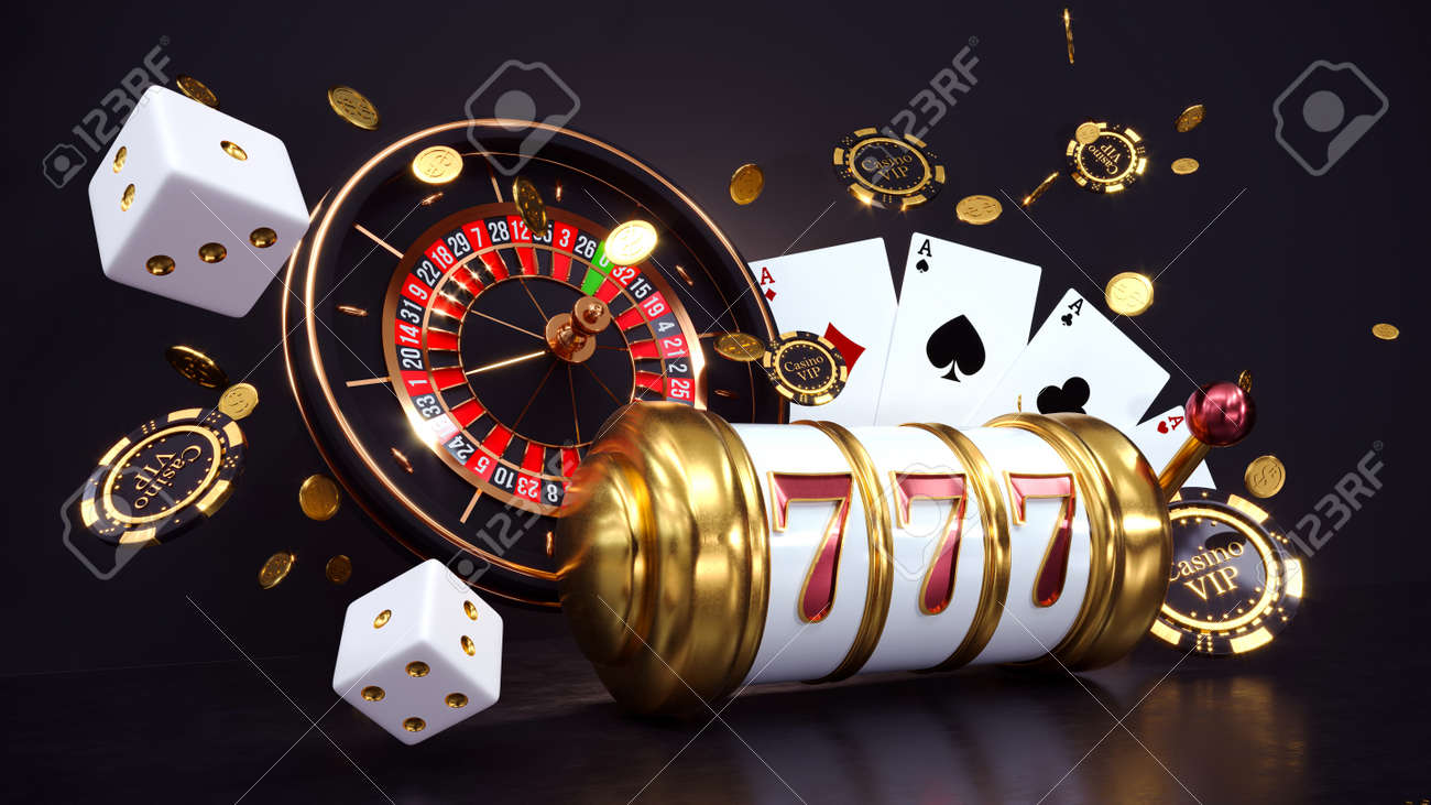 カジノの背景。ルーレットホイール付きスロットマシン。ポーカーチップと空中のトランプを使ったオンラインカジノのコンセプト。3Dレンダリングの写真素材・画像素材  Image 187973776