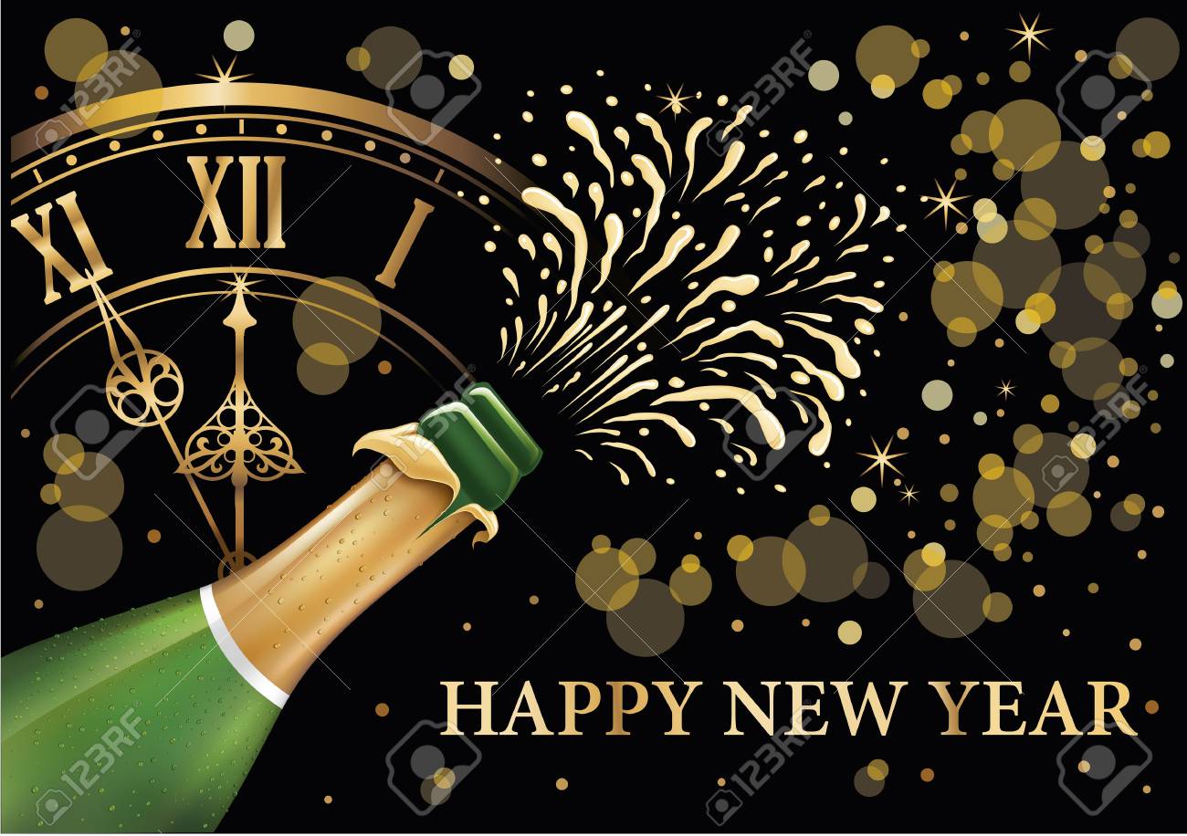 Champagne Bottle Popping Explosion Five Minutes To Happy New Year Royalty Free Cliparts, Vectors, And Stock Illustration. Image 90758930.
