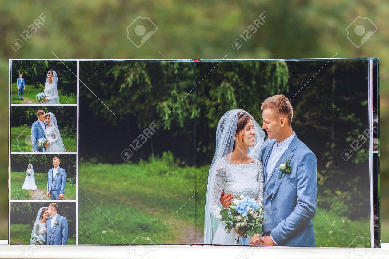 pages of wedding photobook or wedding album on green background background album wedding