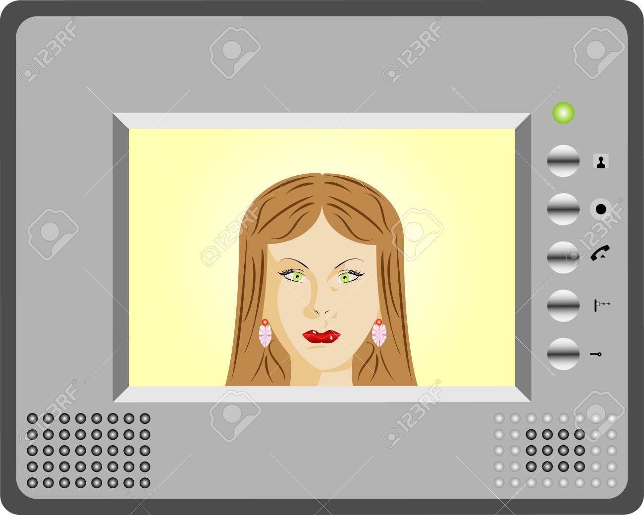 ビデオ ディスプレイ インターホンを使用する女性とインターホン のイラスト素材 ベクタ Image