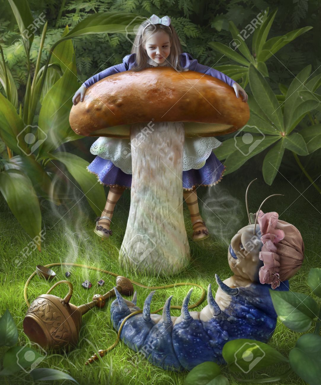 不思議の国のアリス♥️きのこ&トランプ 童話不思議の国のアリスのイラスト。アリスはキノコの上に座って、青い