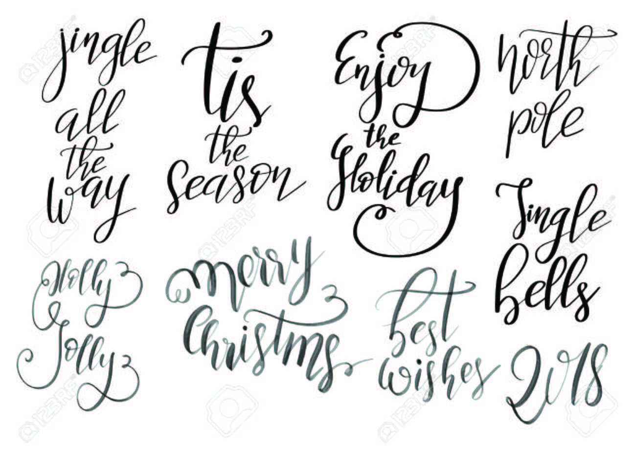 set of merry christmas and happy new year vintage hand drawn