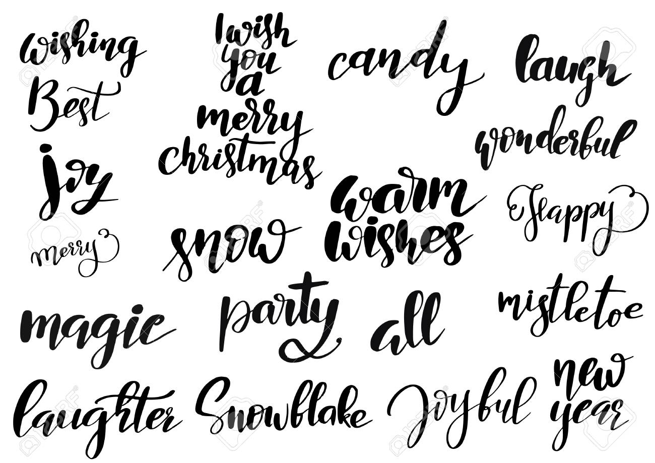 set of merry christmas and happy new year vintage hand drawn