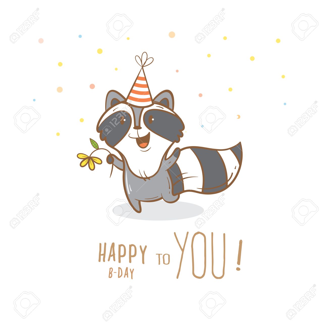 Birthday Card With Cute Cartoon Raccoon In Party Hat Little