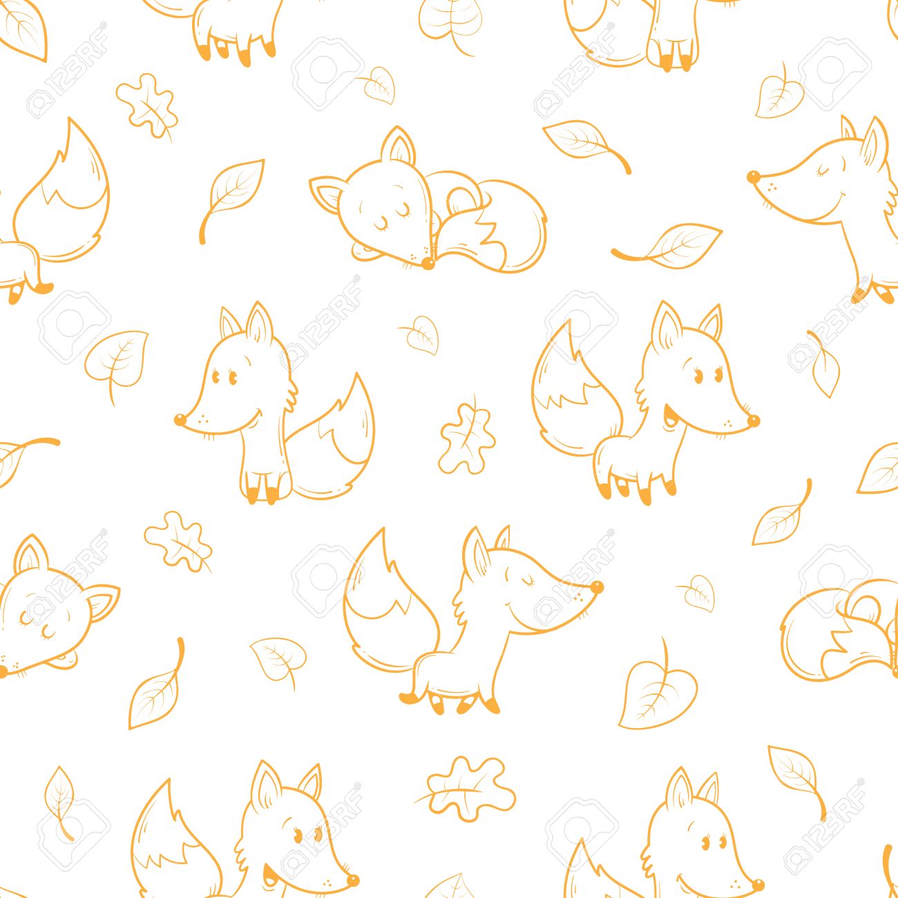 かわいい漫画のキツネと白い背景の上の落ち葉のシームレスなパターン 秋の季節 面白い森の動物 イメージ 子供のイラスト のイラスト素材 ベクタ Image