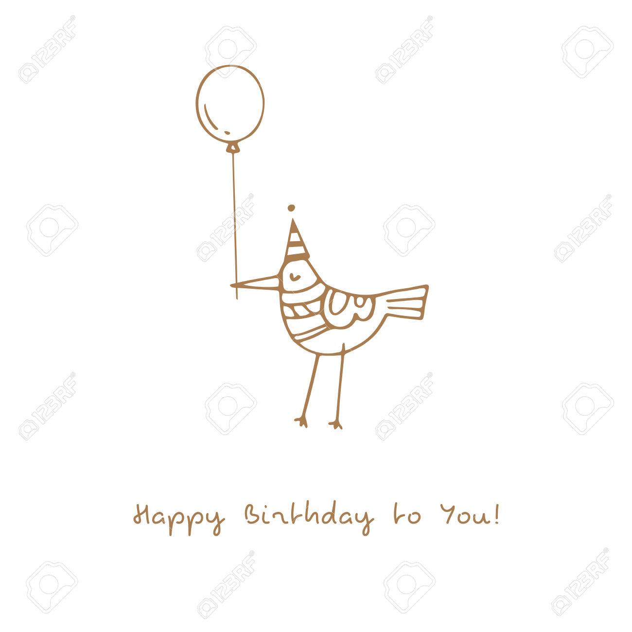 Carte D Anniversaire Avec Oiseau Dessin Anime Mignon En Chapeau De Fete Et Ballon Un Animal Drole Donne Un Cadeau Image De Contour Vectoriel Style Doodle Clip Art Libres De Droits Vecteurs