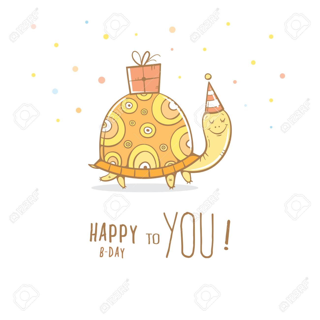 Anniversaire Carte De Voeux Avec La Tortue Mignon De Bande Dessinee Chapeau De Fete Un Boite Avec Un Cadeau Funny Animal Illustration Pour Enfants Vector Image Coloree Clip Art Libres De Droits