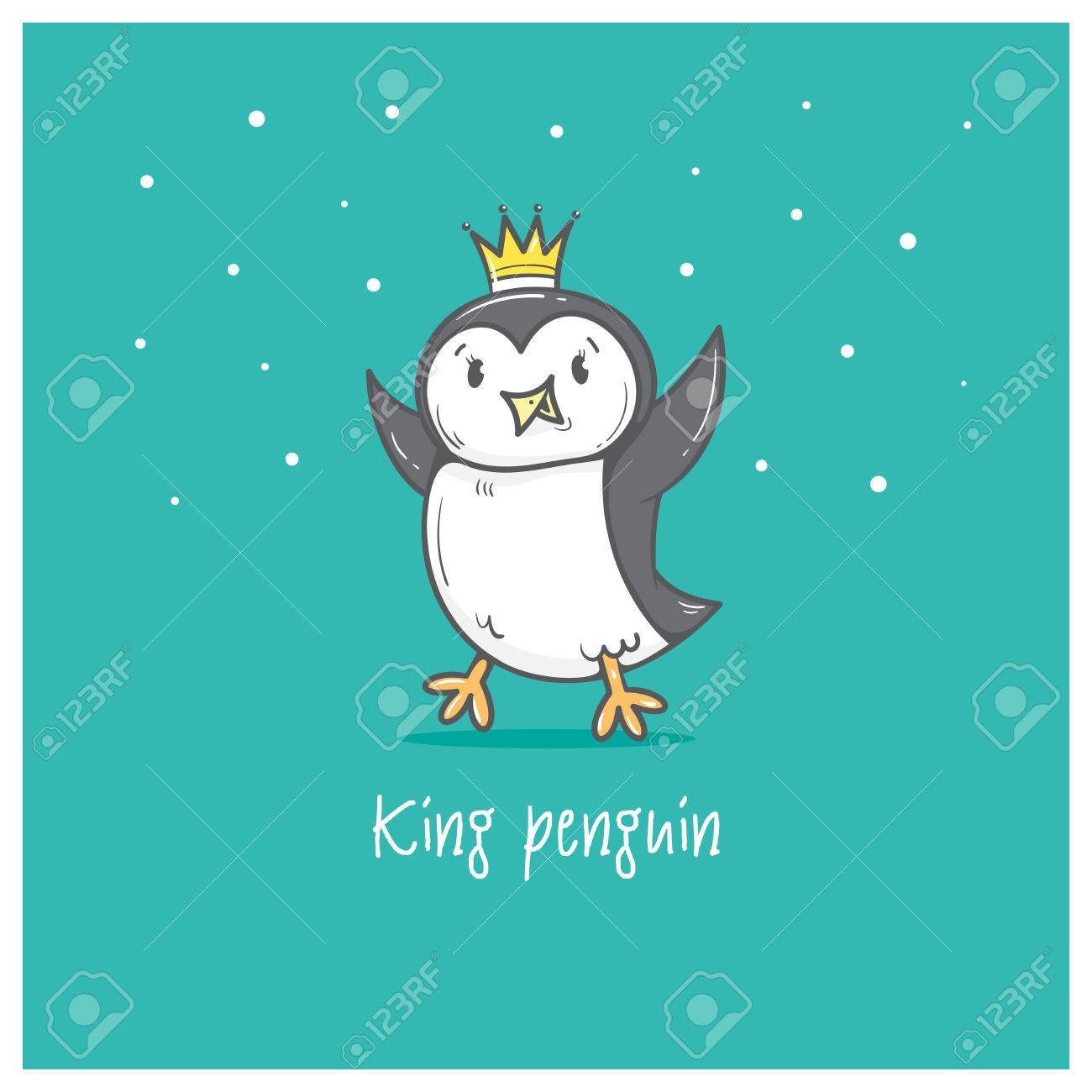 Carte Avec Mignon Roi De Dessin Animé Pingouin Heure Dhiver Petit Oiseau Antarctique Funny Animal Vector Contour Image Illustration Pour