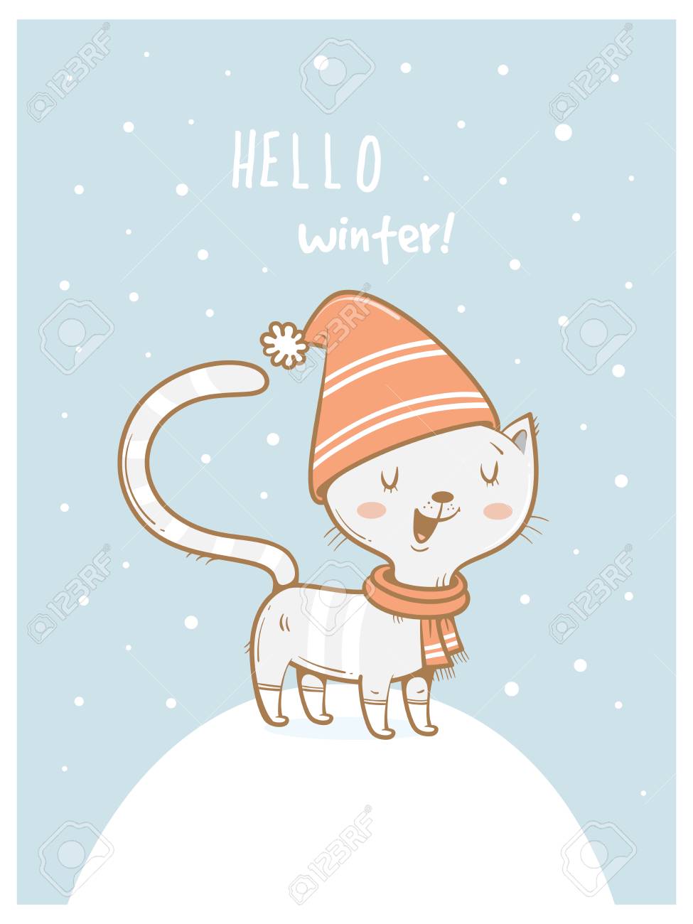 Carte Avec Chat De Dessin Anime Mignon En Echarpe Et Chapeau Heure D Hiver Jour De Neige Petit Chaton En Habits Animal Drole Image Vectorielle Illustration Des Enfants Clip Art Libres De Droits