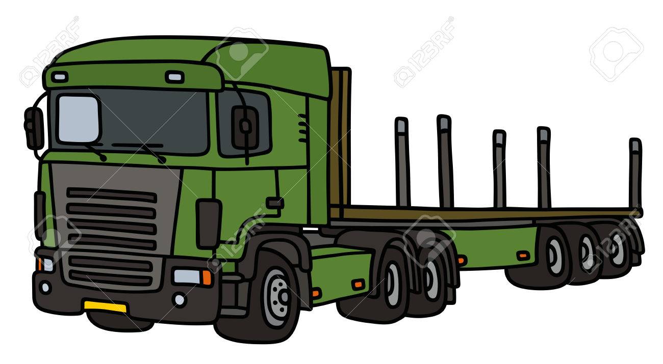 長い平らセミトレーラーとけん引の緑色のトラック のイラスト素材 ベクタ Image