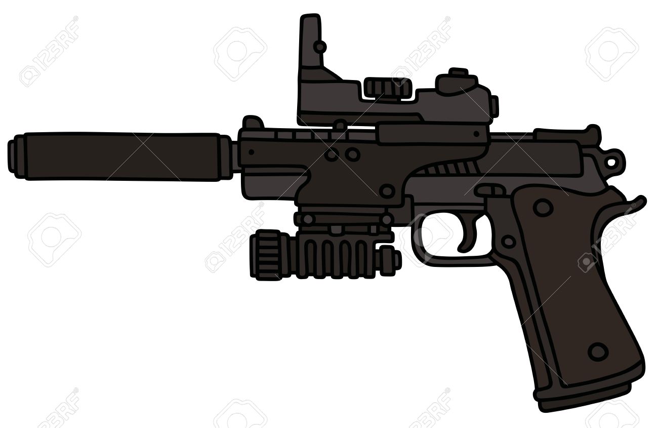 手描きの近代的な拳銃の光デバイスとサイレンサーのイラスト素材 ベクタ Image