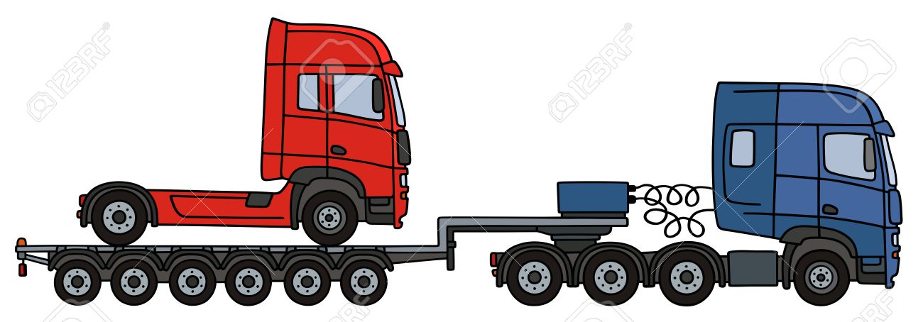 Dessin A La Main D Un Camion De Remorquage Bleu Avec Le Camion Rouge Sur La Semi Remorque A Plateau Clip Art Libres De Droits Vecteurs Et Illustration Image 61799431