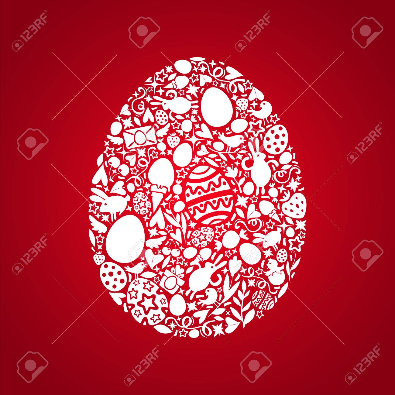 easter egg card of white objects on red background easter symbols