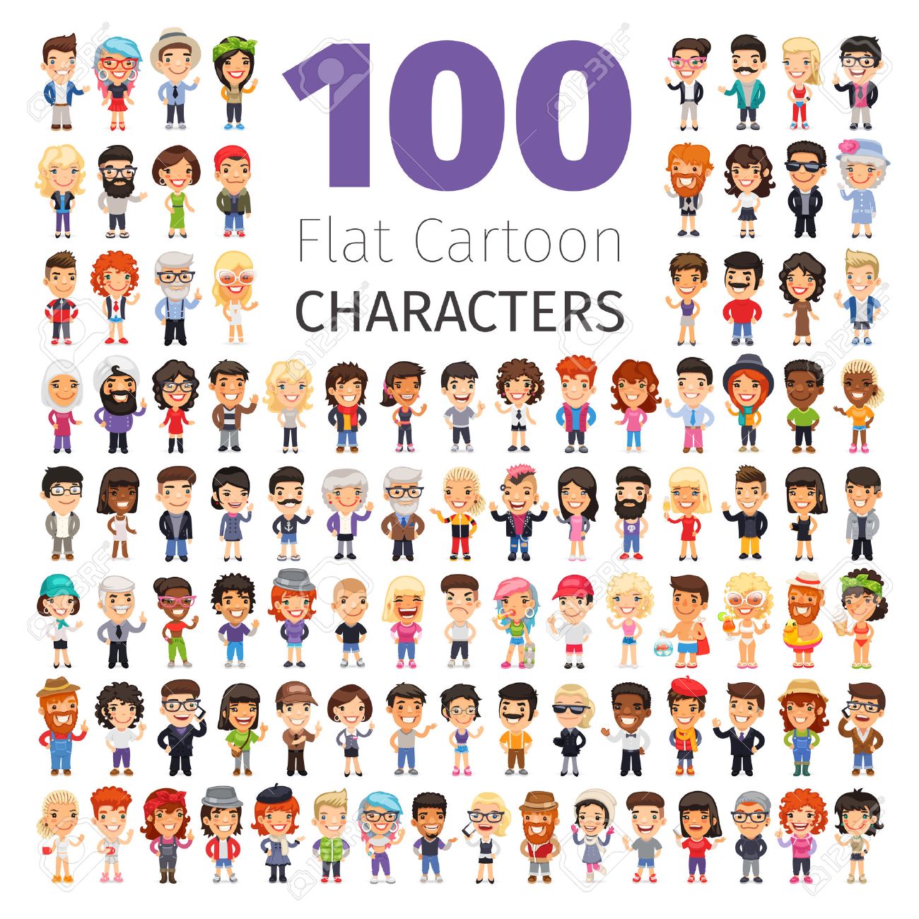Big set of 100 casually dressed flat cartoon people. Isolated on white background. - 57127144 Big set of 100 casually dressed flat cartoon people. Isolated on white background. - 57127144