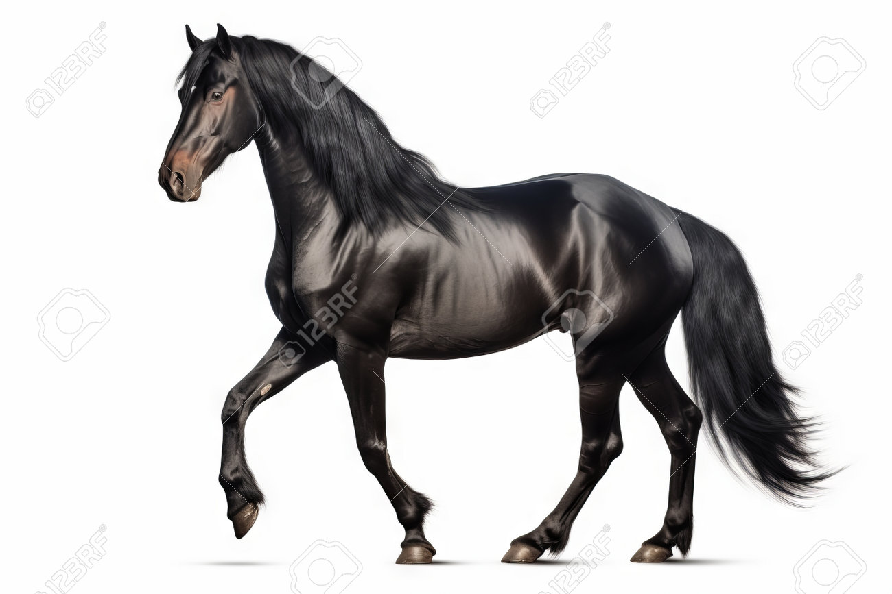 Le Cheval Noir Marche Sur Fond Blanc Avec Une IA Générative