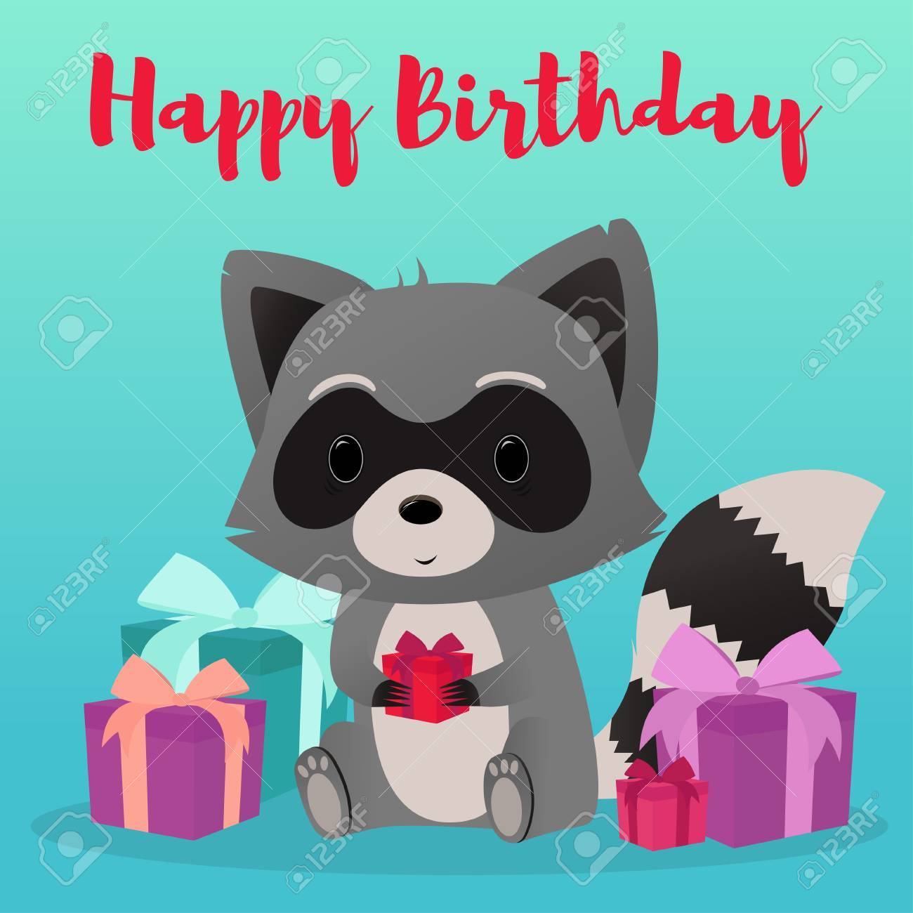 Raton Laveur Mignon Avec Une Boite Cadeau Dans Les Mains Bon Anniversaire Illustration Vectorielle Clip Art Libres De Droits Vecteurs Et Illustration Image