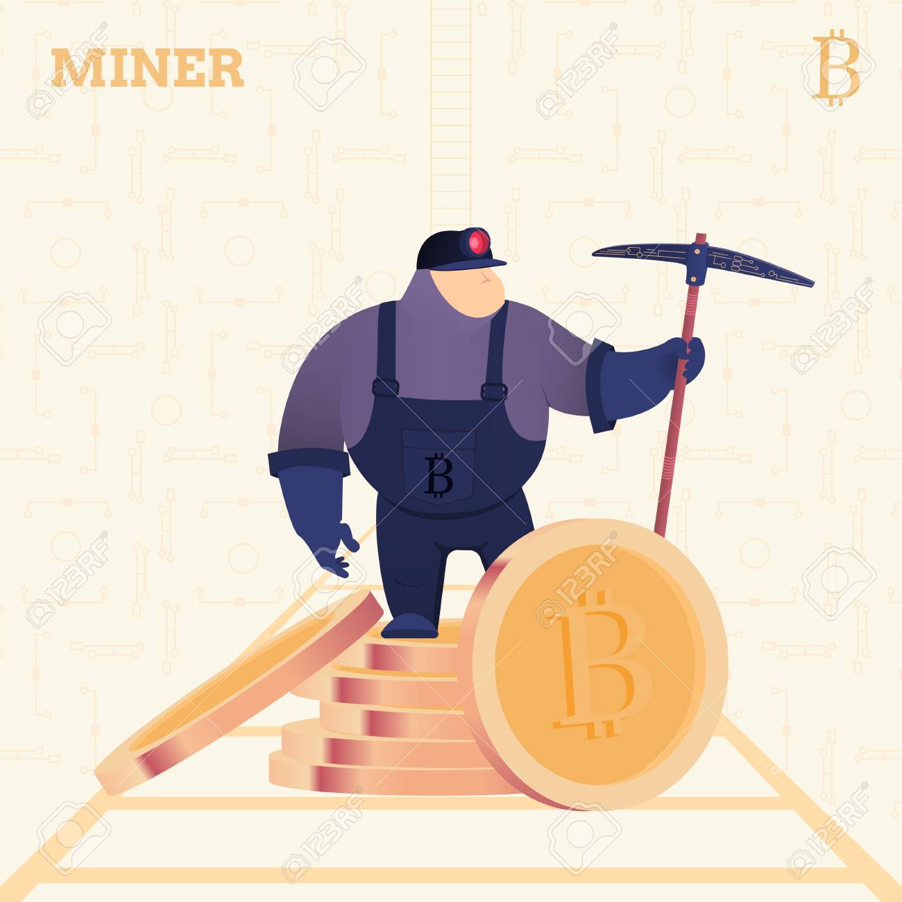 비트 코인 채굴을위한 곡괭이가있는 광부. 벡터 일러스트 레이 션 로열티 무료 사진, 그림, 이미지 그리고 스톡포토그래피. Image  96851371