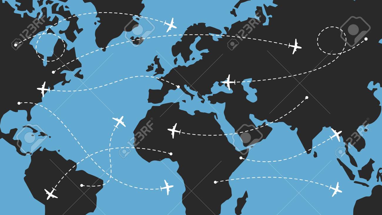 航空路線、飛行機のアイコンを持つ世界地図のシルエット、国際線