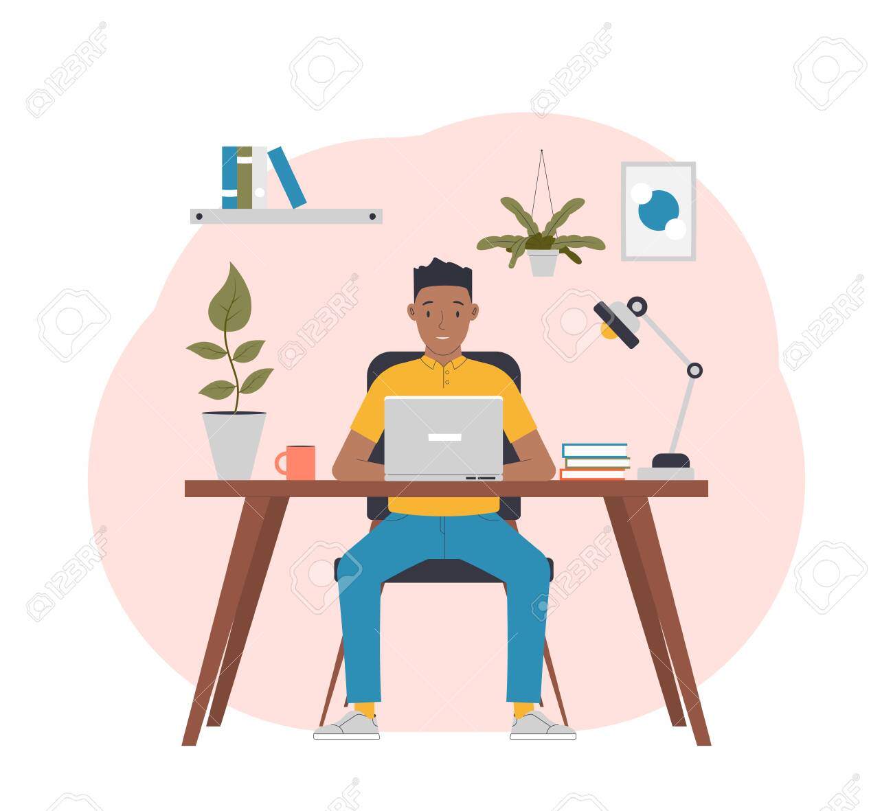 Freelance Work In Comfortable Conditions. Man Working From Home. Flat  Vector Illustration Royalty Free SVG, Cliparts, Vectors, and Stock  Illustration. Image 149591247., image size:1300x1181