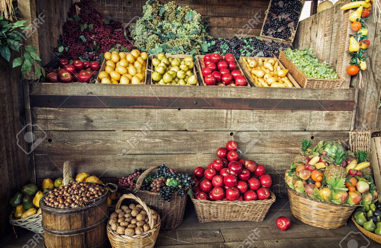 Various fresh fruits in the wicker baskets and crates. Fruit market. Healthy food. Vitamin bomb. - 56114645 Various fresh fruits in the wicker baskets and crates. Fruit market. Healthy food. Vitamin bomb. - 56114645