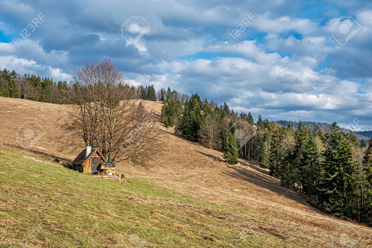 Wooden cottage, Big Fatra mountains, Slovak republic. Seasonal natural scene. Travel destination. Hiking theme. - 169797899 Wooden cottage, Big Fatra mountains, Slovak republic. Seasonal natural scene. Travel destination. Hiking theme. - 169797899