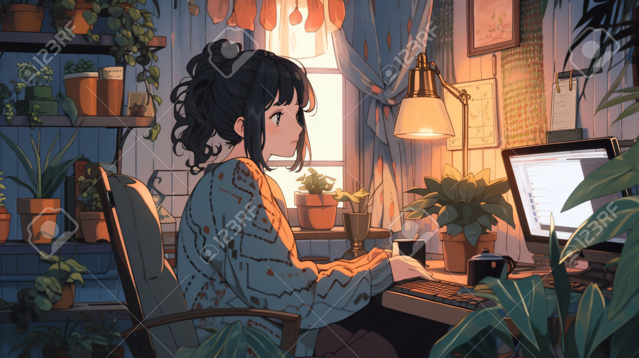 Cute LOFI Girl In A Room Illustration, Anime Manga Style Wallpaper  Background Design, Generated By AI Stock Photo, Picture and Royalty Free  Image. Image 205965455., image size:1300x729