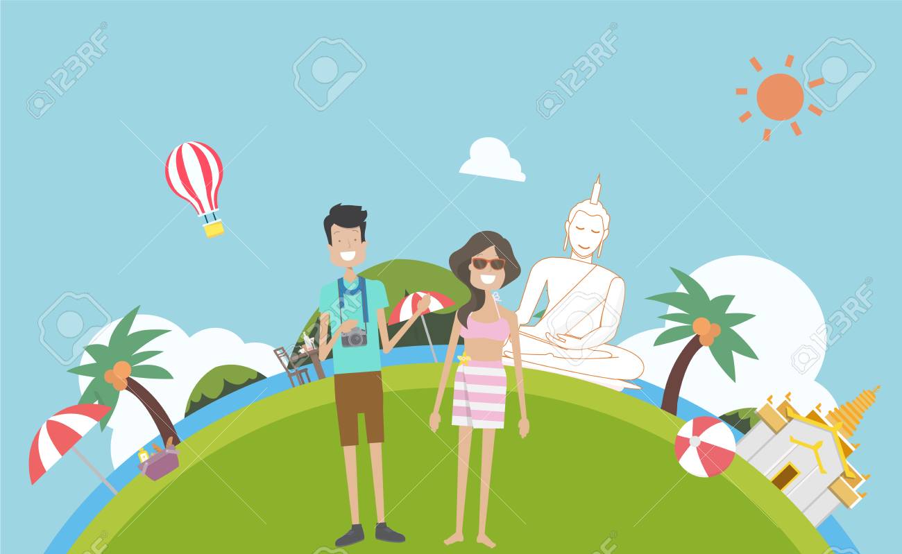 伝統的なタイや自然背景ベクトル イラストへの観光旅行します 休日夏のカップル タイのプーケットの文化 のイラスト素材 ベクタ Image