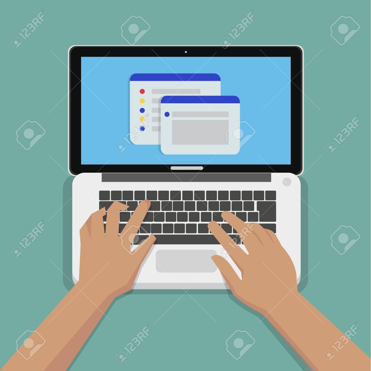 Flat Hands Typing On White Keyboard With Laptop Computer And Royalty Free Cliparts Vectors And Stock Illustration Image 91168487