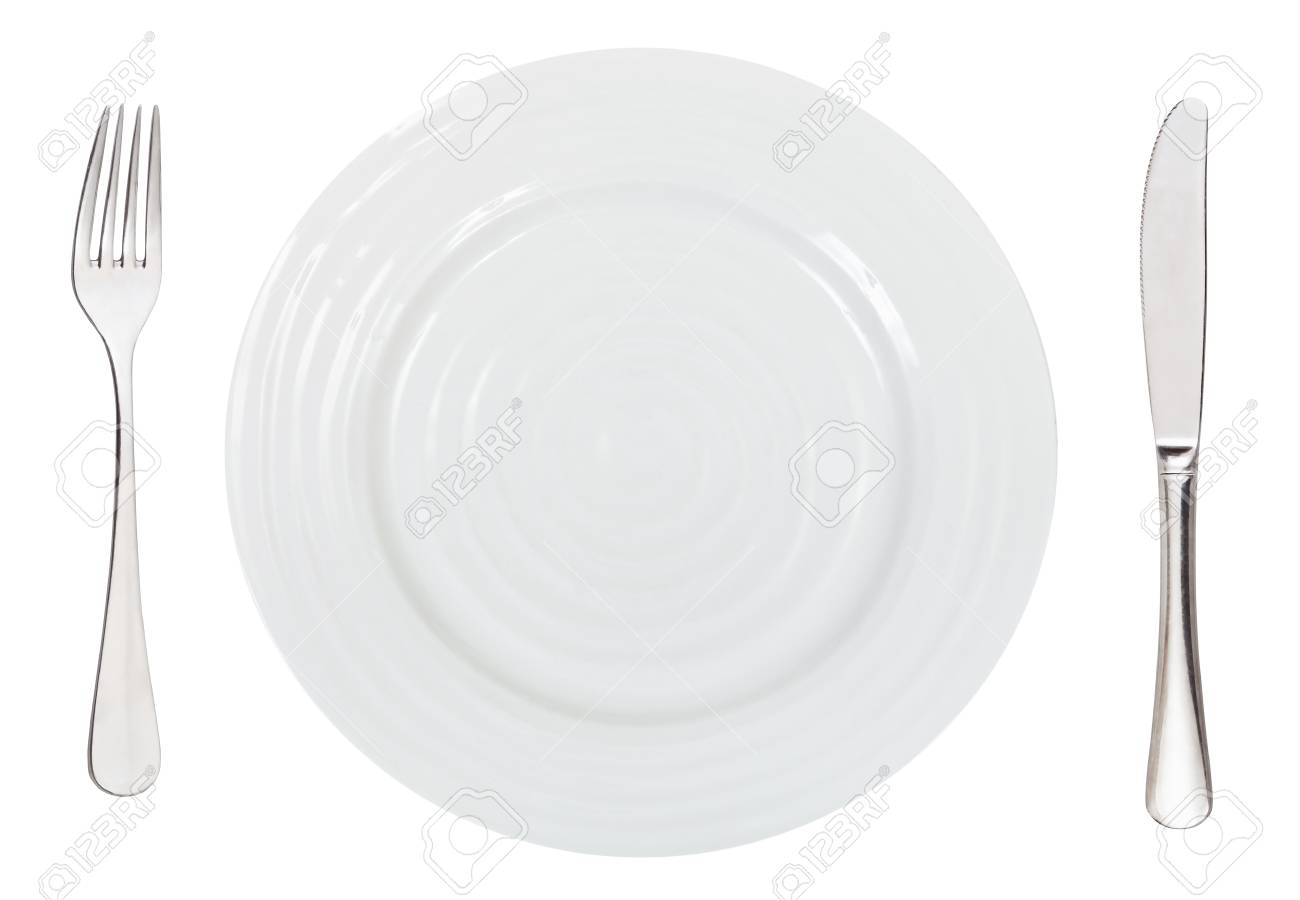 Top View Of Empty White Dinner Plate With Fork And Knife Isolated Stock Photo Picture And Royalty Free Image Image 35681846