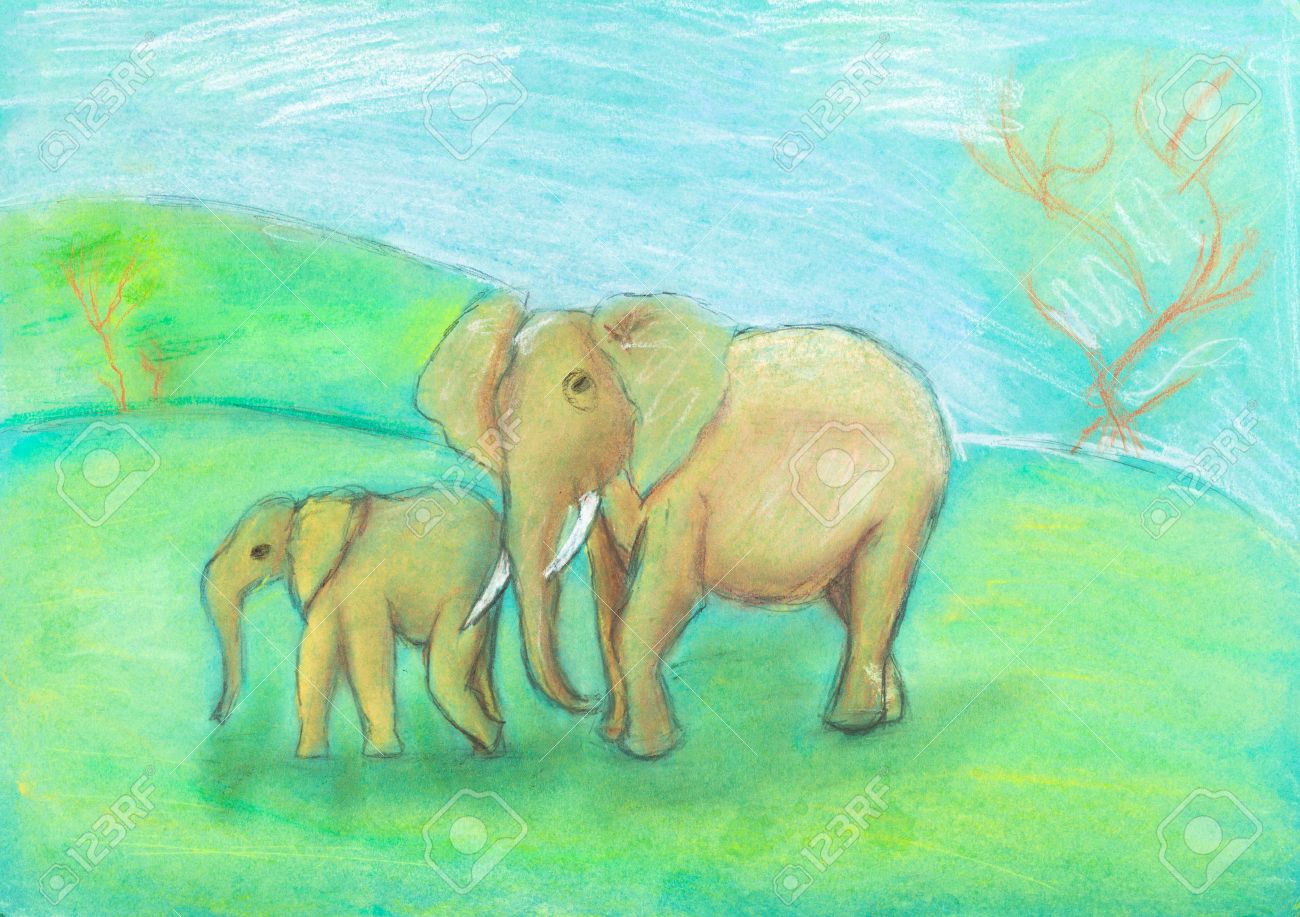 Enfants Dessin Elephant Avec Bebe Elephant Dans La Savane Par Pastel Sec Sur Papier Vert Banque D Images Et Photos Libres De Droits Image