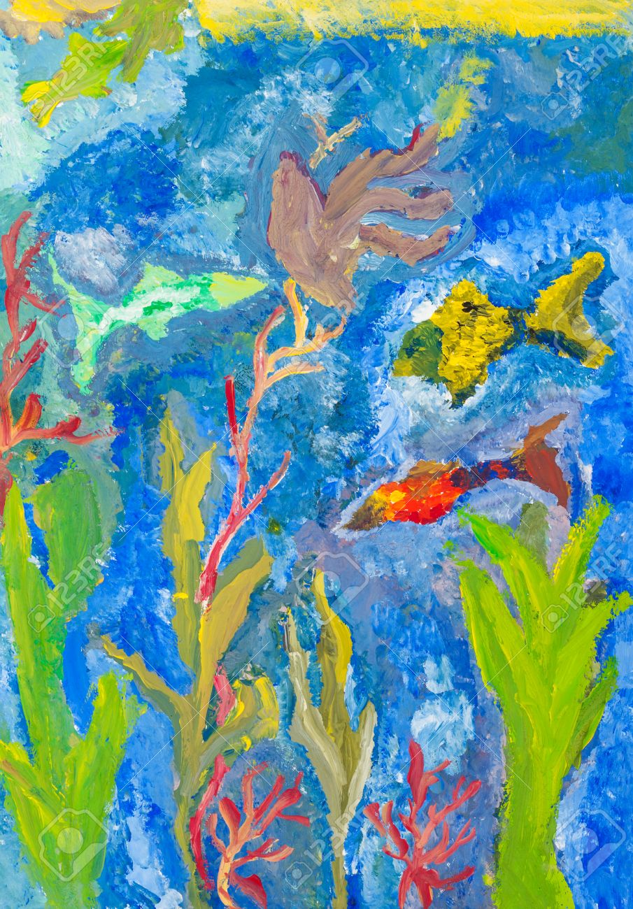 子どもの描画 魚や水彩ガッシュで海の藻屑 の写真素材 画像素材 Image