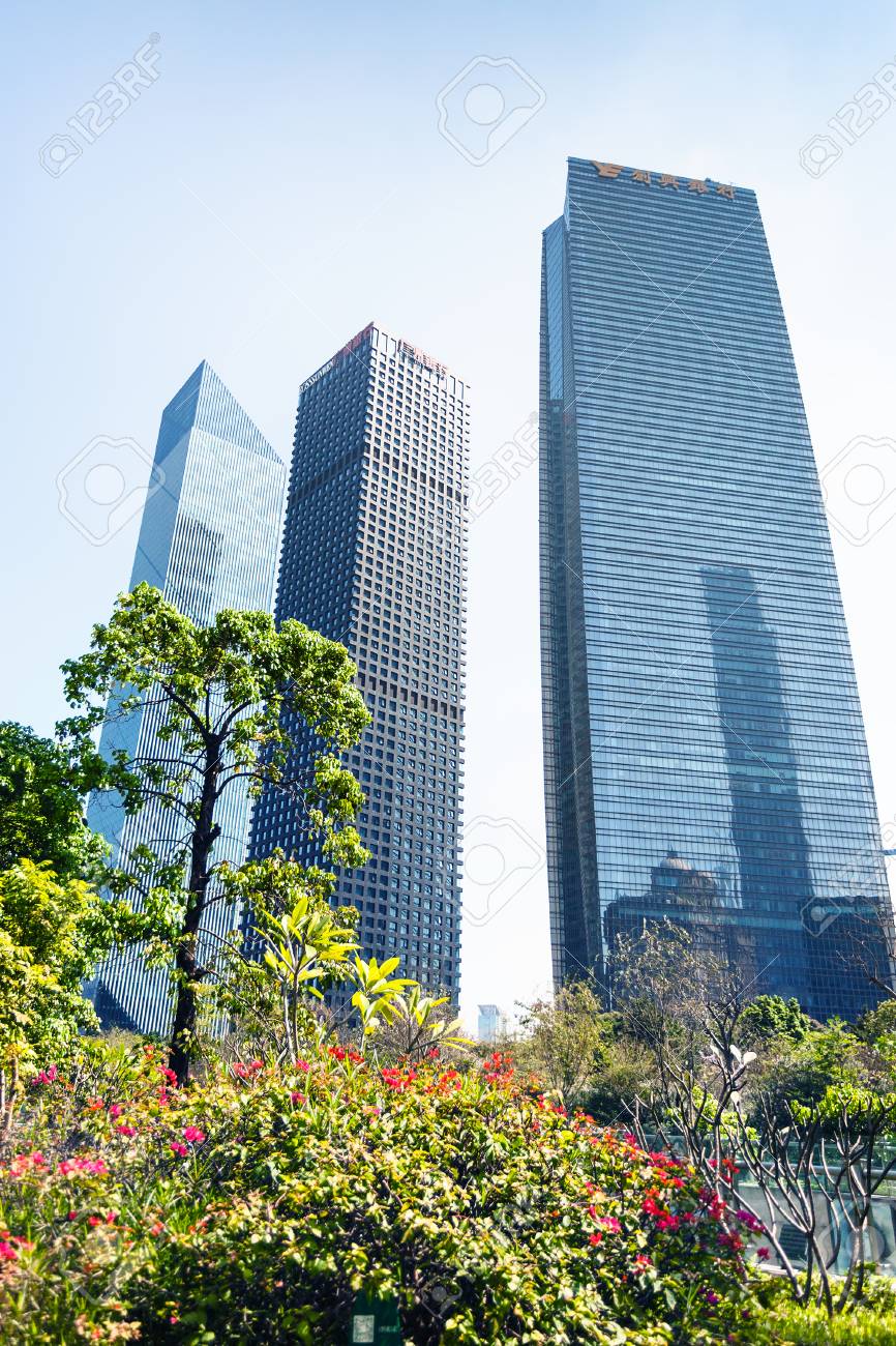 guangzhou china april 1 2017 modern buildings near park stock