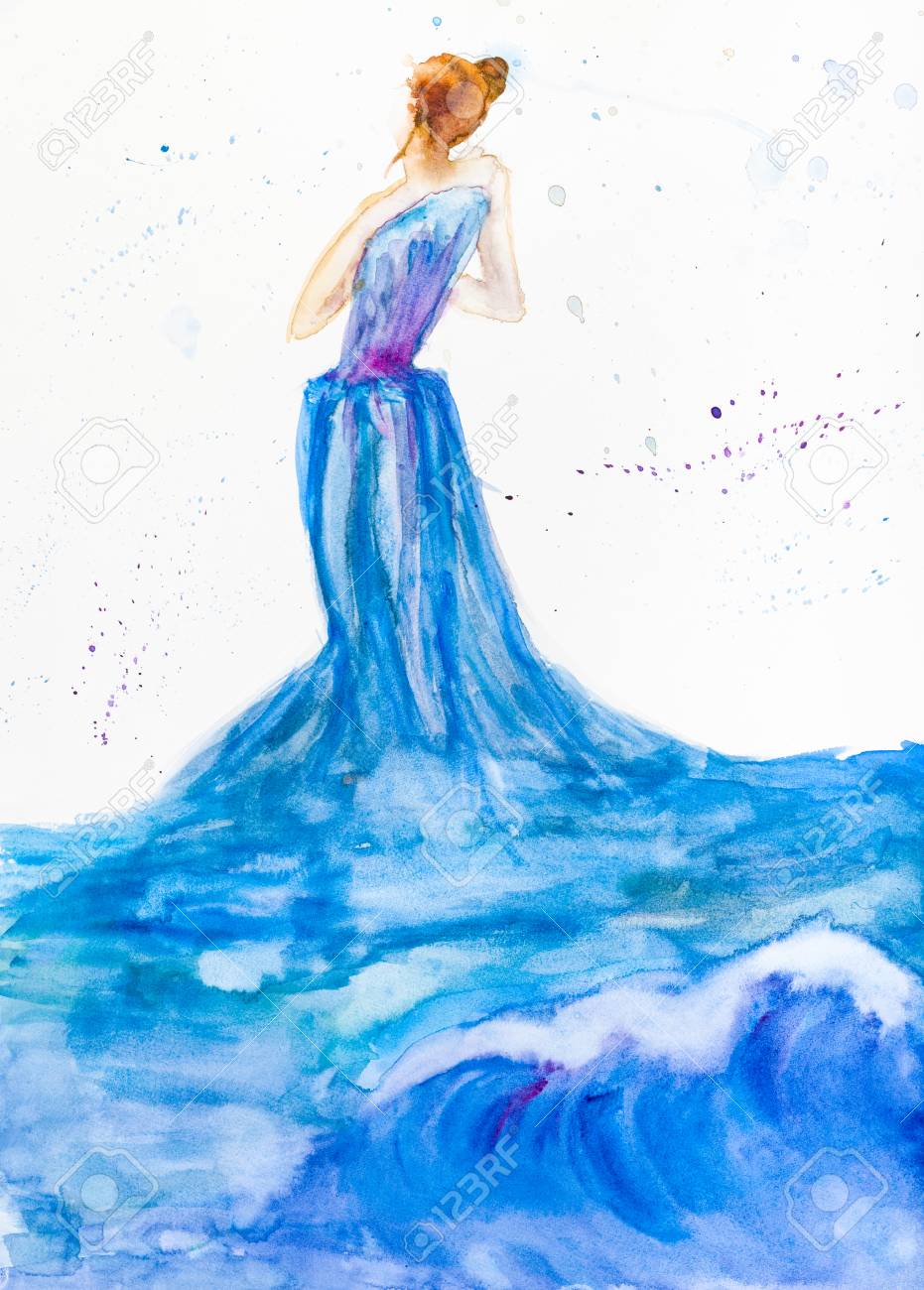 Hand Painted Woman In Blue Evening Dress From Ocean Wave And Water