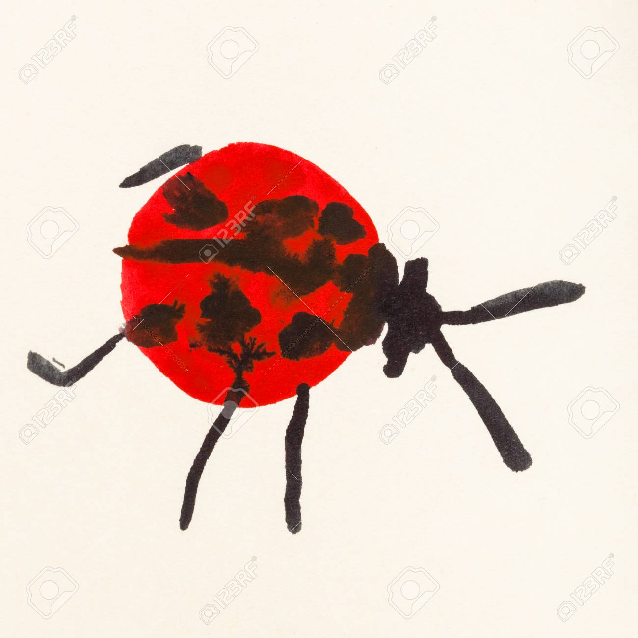 水墨画墨絵風 - 水彩絵の具で赤いてんとう虫手描きのクリーム色