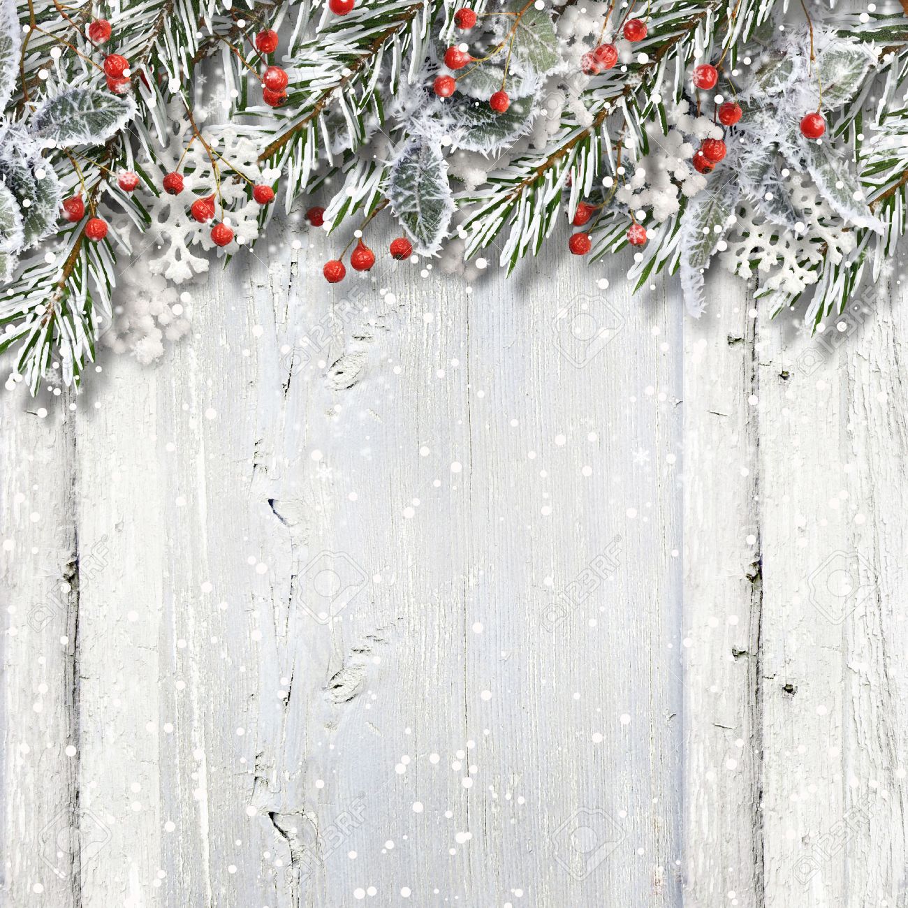 Christmas wooden background with fir branches and holly - 48862612 Christmas wooden background with fir branches and holly - 48862612