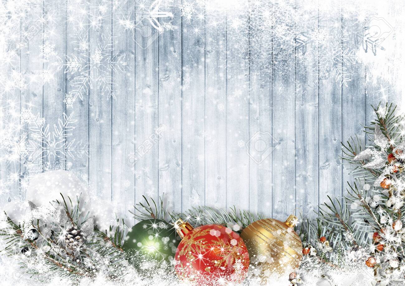 Christmas wood texture with garland with balls, snow and firtree - 134938983 Christmas wood texture with garland with balls, snow and firtree - 134938983