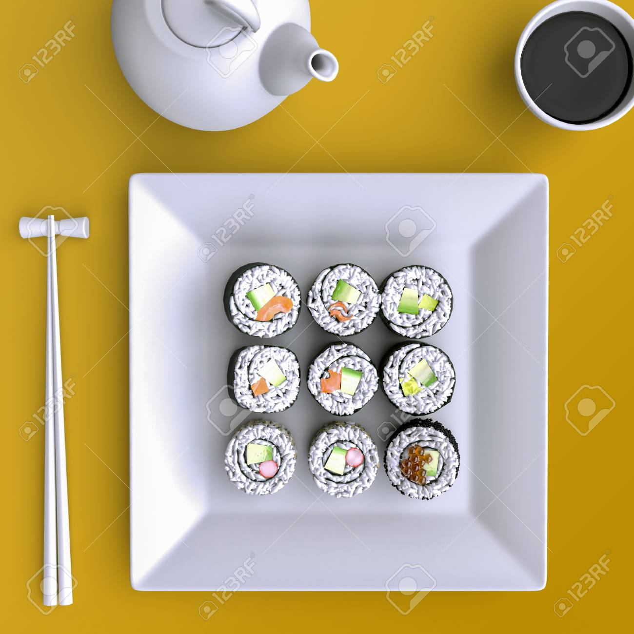 寿司 お箸 お茶のカップとプレート 上からの眺め 3 D イラスト の写真素材 画像素材 Image