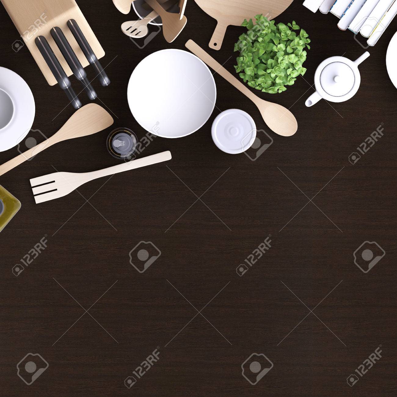 モックアップ キッチン テーブルとキッチン用品のブランド名 空白テンプレート ホーム レストラン カフェのシンプルな背景 上からの眺め 3 D イラスト の写真素材 画像素材 Image