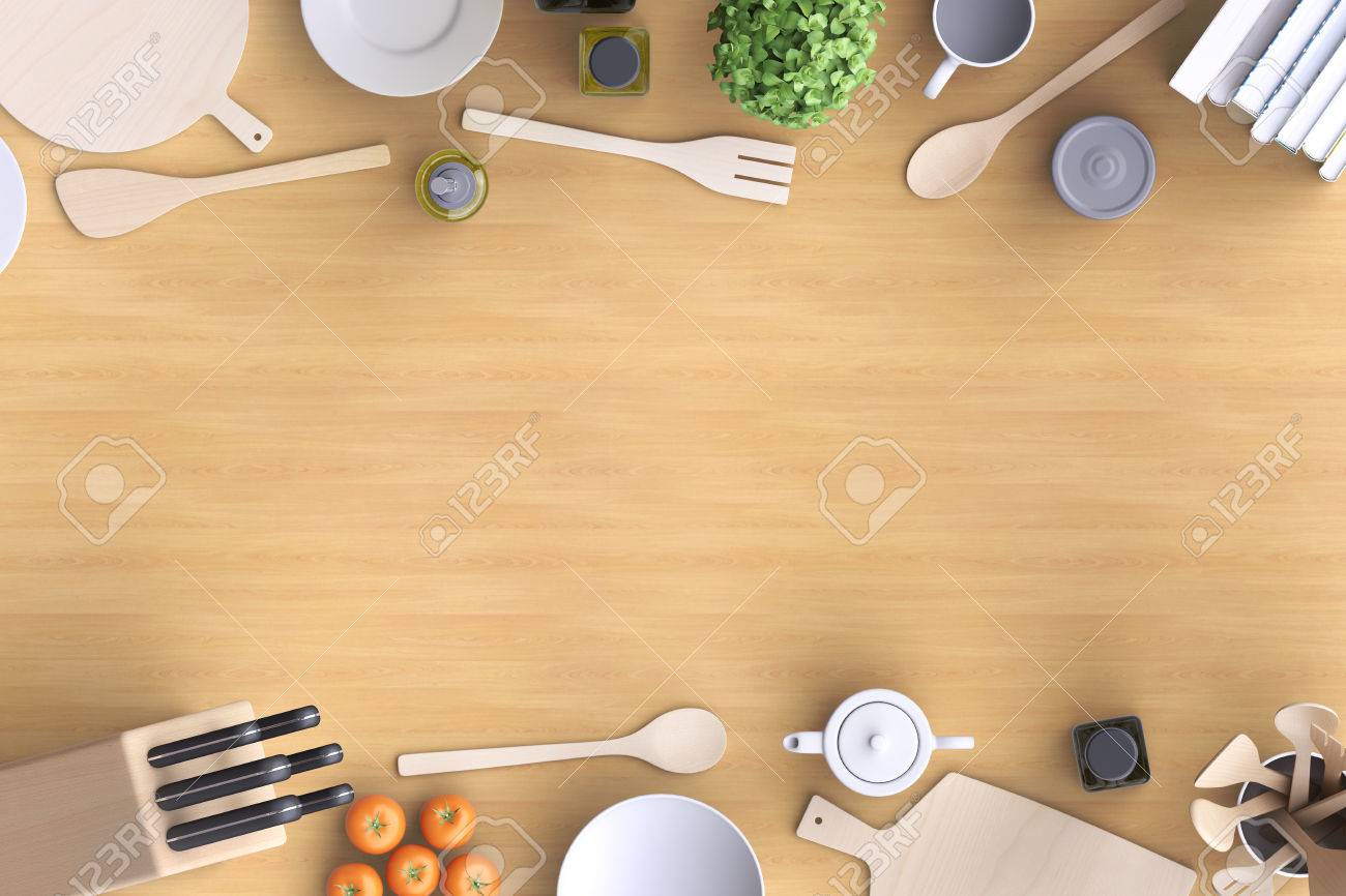 モックアップ キッチン テーブルとキッチン用品のブランド名 空白テンプレート ホーム レストラン カフェのシンプルな背景 上からの眺め 3 D イラスト の写真素材 画像素材 Image