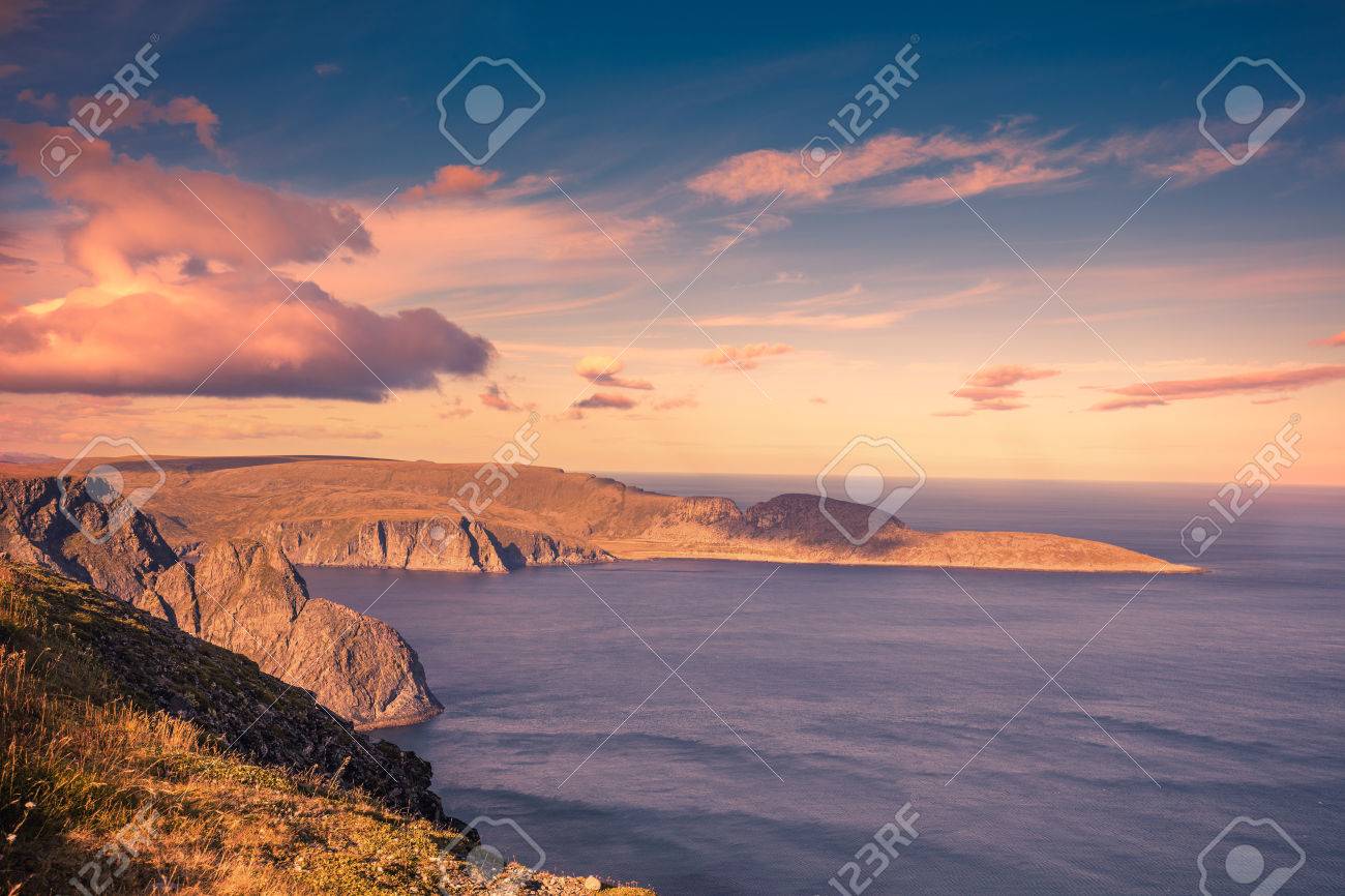 Fjord Au Coucher Du Soleil Cap Nord Nordkapp Norvège