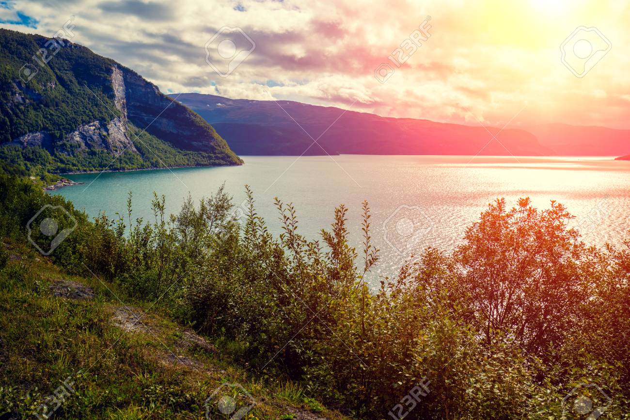 夕日の光でフィヨルドで表示します 北欧の風景です ノルウェーの自然 の写真素材 画像素材 Image