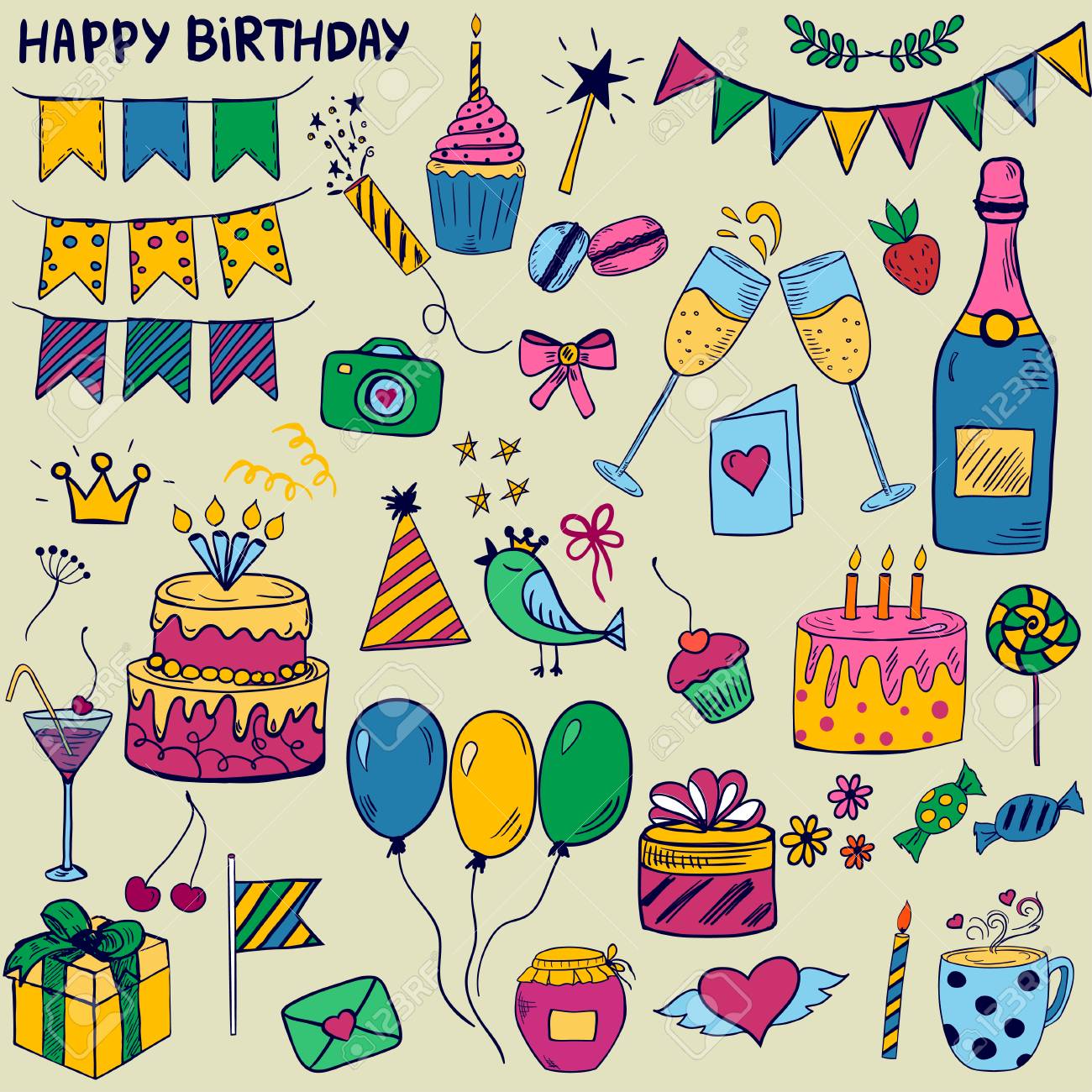 誕生日のパーティ要素落書きスタイルのかわいいカラフル セットのイラスト素材 ベクタ Image