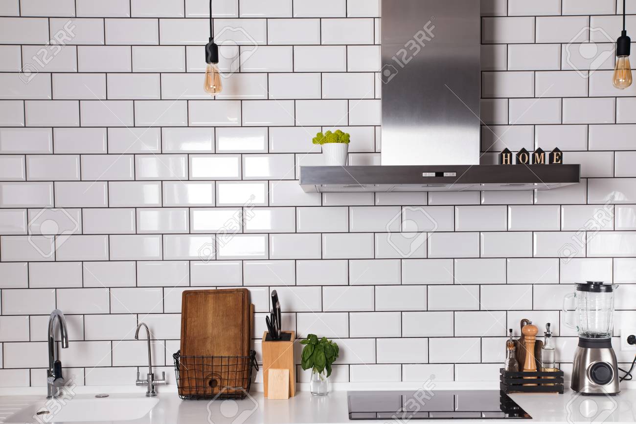 Modern Kitchen With Brick White Tile Wall And Differet Utensils Stock Photo Picture And Royalty Free Image Image 120847895