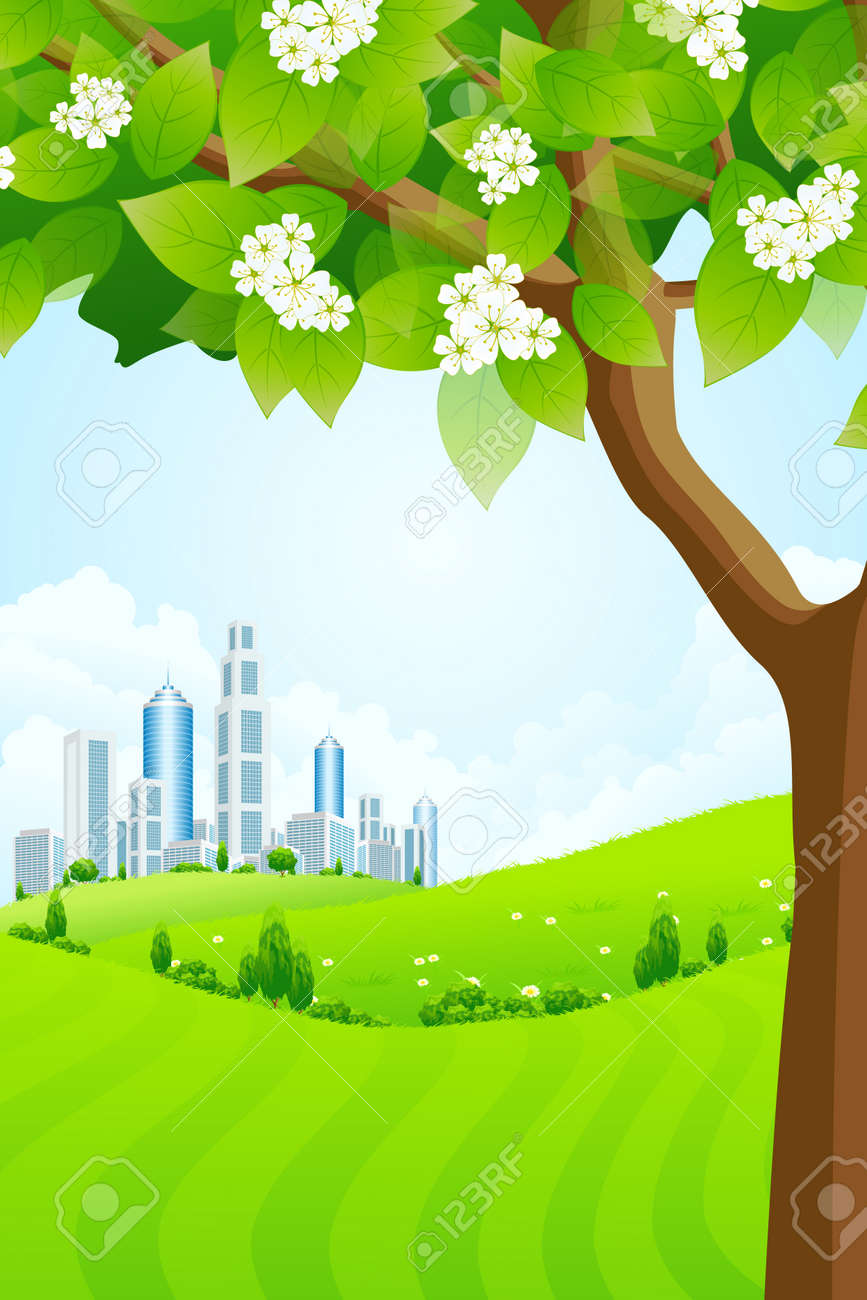木の花の丘と街の緑の背景のイラスト素材 ベクタ Image