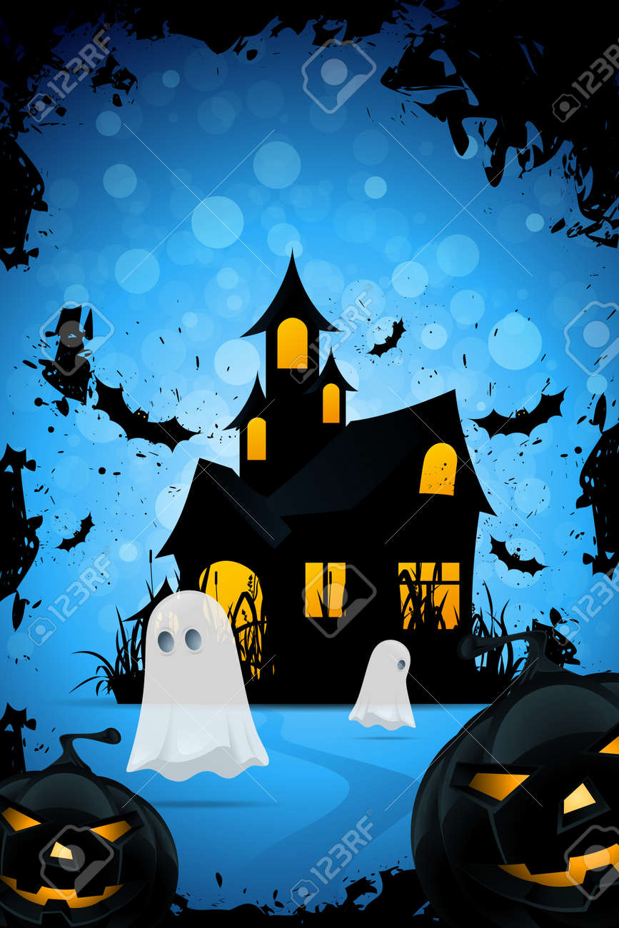 Halloween Background With Haunted House Pumpkins Bats And Ghosts Stock Vector