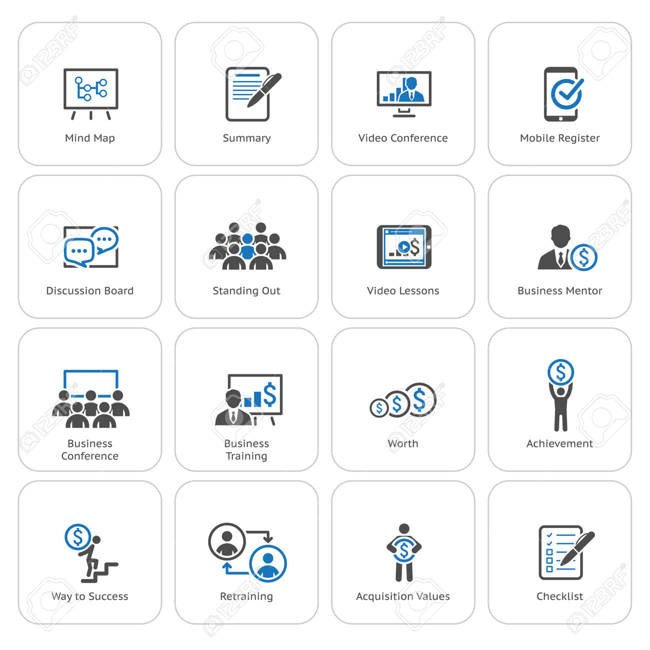 ビジネスコーチングのアイコンを設定します オンライン学習 フラットなデザイン 孤立した図 のイラスト素材 ベクタ Image