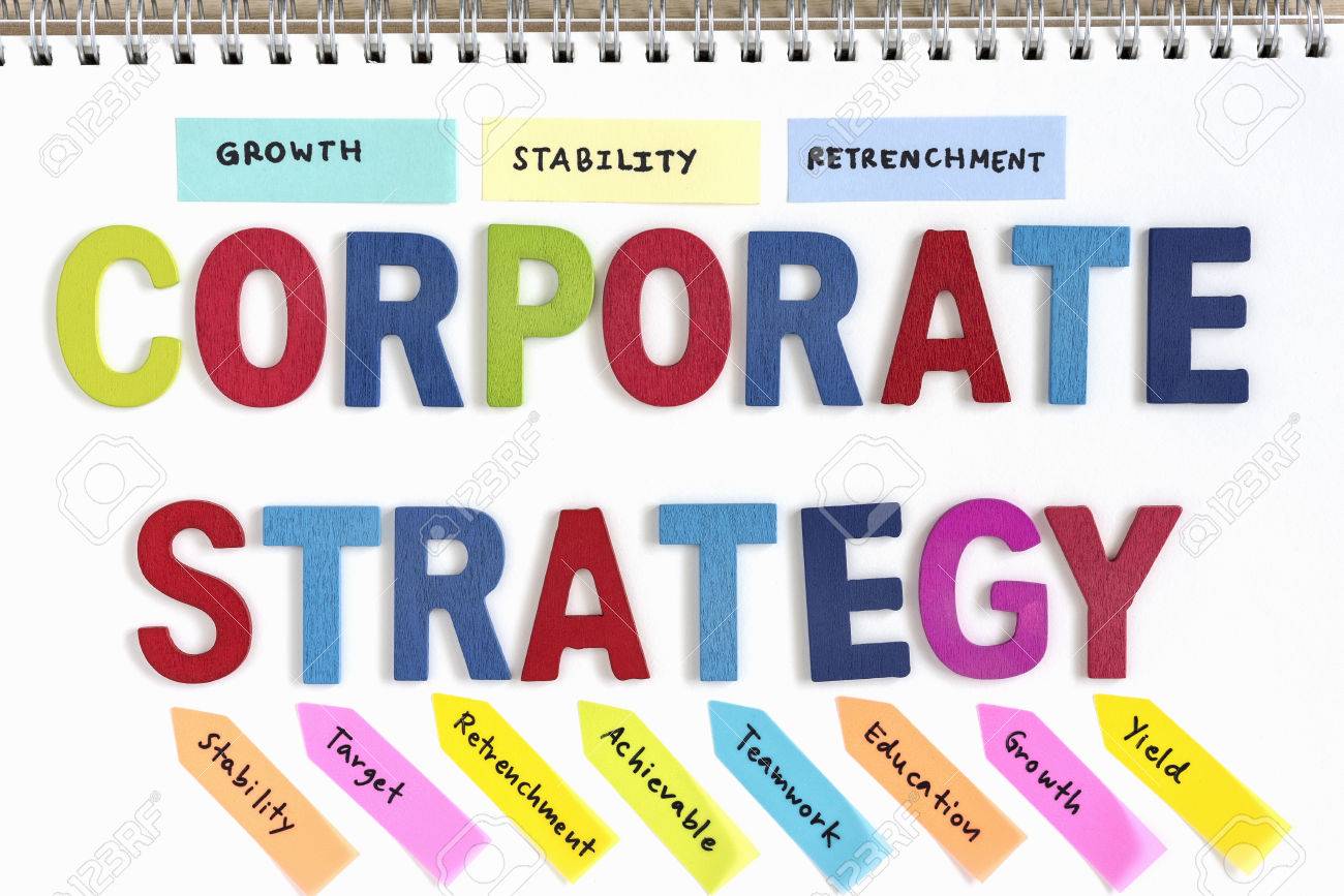 wood letters word corporate strategy with hand writing growth letters in a word